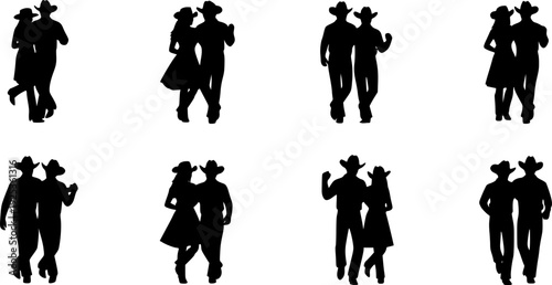 Silhouette of a couple in cowboy hats line dancing. set
