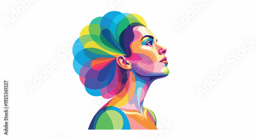 Vibrant portrait of a woman with colorful hair and makeup looking up against a white background with pop art style
