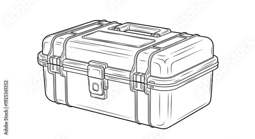 Durable Plastic Tool Box Case with Handle and Latches, Isolated on White Background, Line Art