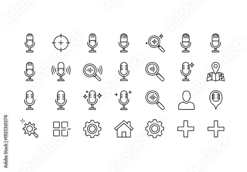 Collection of minimalist icons for user interface and search functions, including microphones, magnifiers and settings