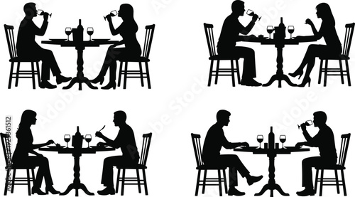 Couple Dining at Restaurant Silhouette Set Showing Romantic Dinner, Conversation and Social Eating Moments Isolated on White Background for Lifestyle Design