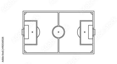 Detailed Football Soccer Court Field Top View Outline Drawing, isolated white background.