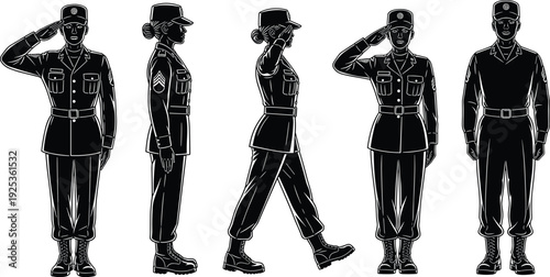 Female Soldier Silhouette Collection Military Woman in Uniform Saluting Standing and Marching Poses for Army Service and Patriotic Design.