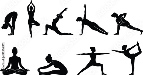 Collection of yoga poses silhouette set featuring women performing meditation, stretching, balance and fitness exercises isolated on white background design