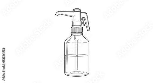 Clear spray bottle with pump dispenser and liquid, isolated on white background, line art illustration