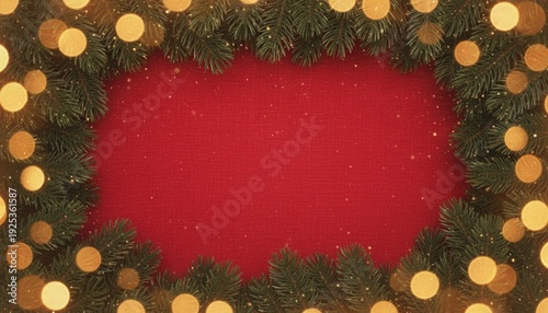 Red background framed by green pine branches and golden lights