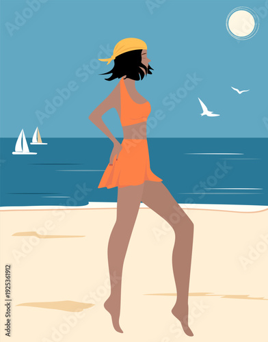 A girl in an orange bathing suit on the seashore or ocean, a summer poster, a hand-drawn postcard. Summer theme, vacation.