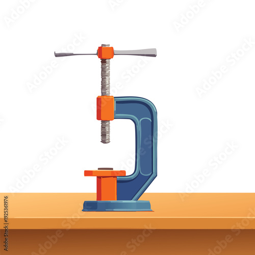 Cartoon style clamp tool on a wooden surface isolated