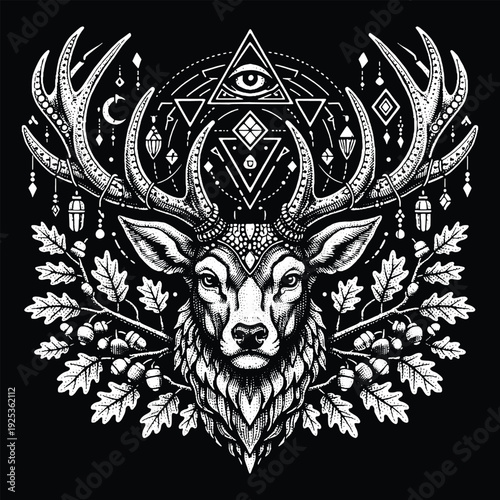 Majestic Stag Deer Head Vector Illustration with Sacred Geometry and Mystic Symbols in Detailed Black and White Tattoo Style