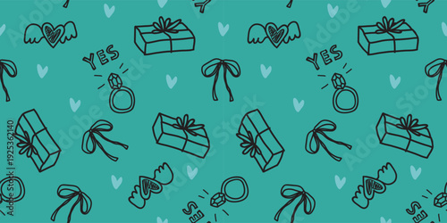 Turquoise Seamless Pattern with Wedding Proposal Doodles. Engagement Ring, Gift Box, Winged Hearts and Bows Hand Drawn Vector Illustration Background.