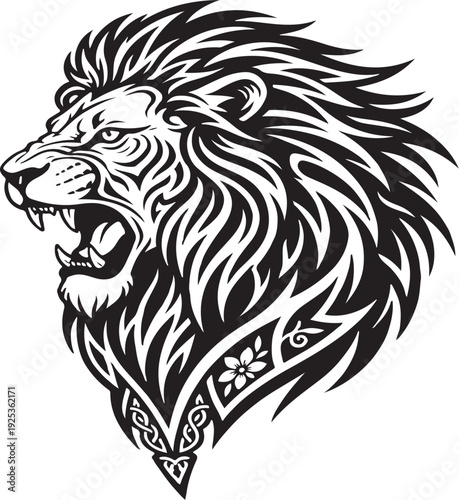  Focuses on the intricate knotwork details and the aggressive, roaring expression of the "King of the Jungle."
