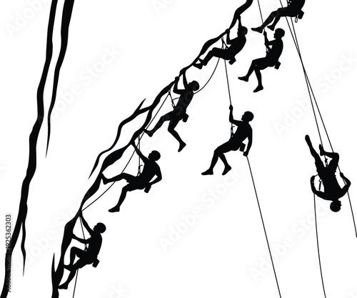 Rock climbing silhouettes collection with climbers ascending ropes and steep cliff faces, extreme mountaineering adventure concept, outdoor sport action illustration isolated on white background