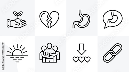 a set of eight line style icons including a hand holding a plant a broken heart and a stomach