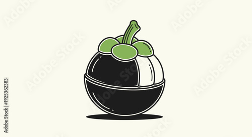 Stylized Mangosteen Fruit Icon, Black and White Illustration, Minimalist Design