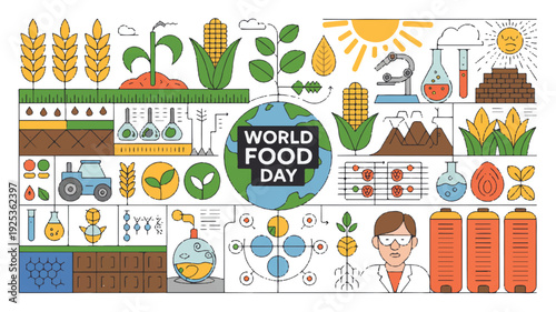 World Food Day Agricultural Biotechnology Infographic: Vector Silhouette with Clean Lineart and High-Contrast Elements