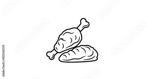 Simple Line Art Icon of Cooked Chicken Leg and Bread Slice on White Background