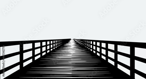 Perspective view of a wooden pier or boardwalk stretching into a bright, foggy horizon.