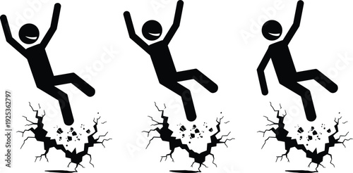 Black silhouette vector set of stick figures falling into a cracked ground, accidental fall icons with ground breaking effect,