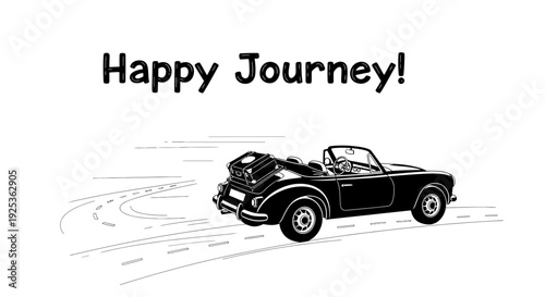 Retro Convertible Car with Luggage on a Road Trip, Happy Journey!