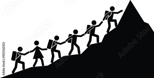 Team hiking silhouettes climbing mountain peak in line, teamwork and leadership concept, success journey, goal achievement, outdoor adventure motivation illustration isolated on white background