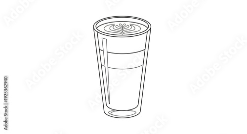 Latte Art Coffee Drink in Tall Glass, Minimalist Line Drawing