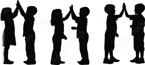 Silhouette of children giving high five gesture isolated on white background symbolizing friendship teamwork unity and celebration playful childhood happiness
