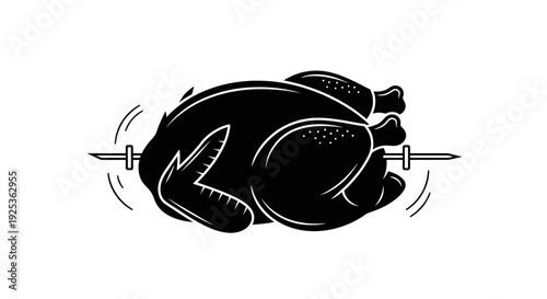 Rotisserie Chicken on Spit, Black and White Icon, Rotating for Even Cooking
