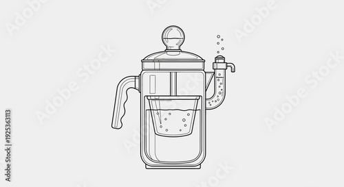 Glass cold brew coffee maker with infuser and tap, line art illustration