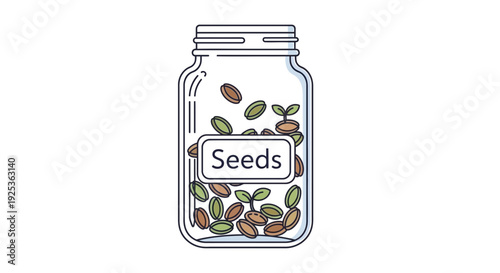 Glass Jar Filled With Seeds and Sprouts, Labelled "Seeds", Ready for Planting