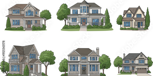 Suburban house illustration, six residential buildings, modern and traditional home designs, architectural drawing, neighborhood property artwork, urban planning graphic, grayscale housing design