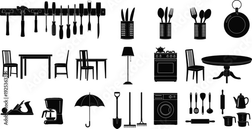 Black silhouette vector set of household items, kitchen utensils, home furniture, workshop tools, garden equipment, and large appliances icons collection,