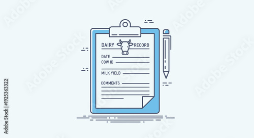 Dairy Farm Record Keeping Clipboard with Pen, Cow Icon, and Milk Yield Data