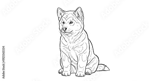 Cute Shiba Inu Puppy Sitting, Black and White Line Art Drawing, Adorable Dog Portrait
