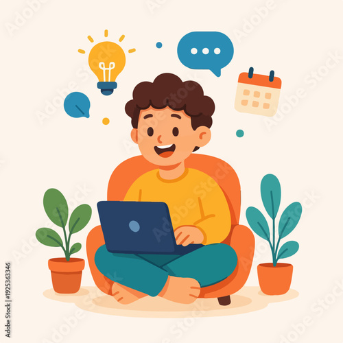 flat vector illustration of a cheerful young freelancer working from home