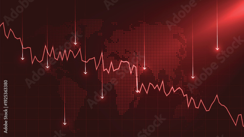 Business stock market crash background with falling charts on red background.
