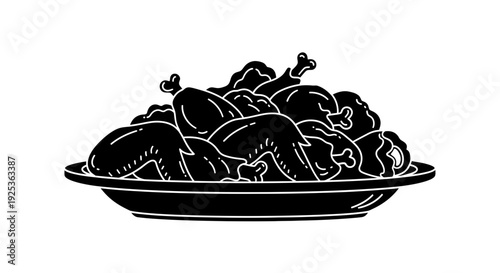 Delicious Roasted Chicken Pieces on a Serving Platter, Black and White Illustration