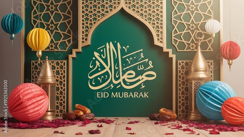 Eid Mubarak premium vector illustration with luxury design. Blue pink gradient Eid Mubarak background with star and moon. Islamic light design with white Eid Mubarak design