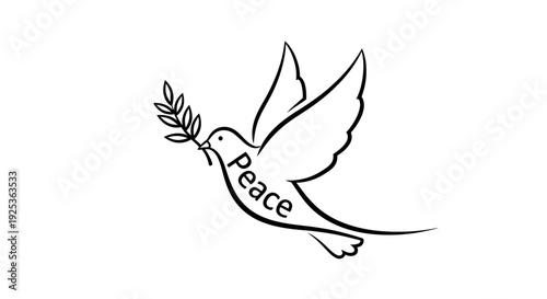 Dove of Peace with Olive Branch, Symbol of Hope and Tranquility, Black and White Line Art