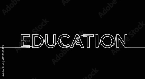 EDUCATION word in white continuous line art on black background, concept of learning and knowledge