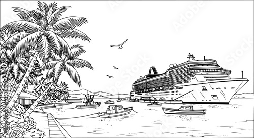 Caribbean Port and Cruise Ship Vector Art, Black and White Tropical Destination
