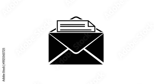 Open Envelope with Letter Icon, Email Communication Concept, Black and White Vector Graphic