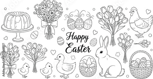 Happy Easter Vector Element Set with Bunny, Chick, Duck, Hen, Spring Flowers, Easter Eggs, and Cake cad drawing flat vector illustration