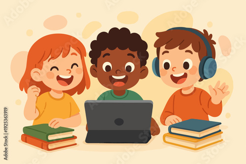 Cute cartoon style flat vector illustration of happy children learning online with tablet and books