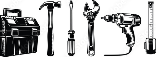 Black and white vector silhouette set of professional hand tools including hammer, screwdriver, wrench, electric drill, tape measure, and toolbox,