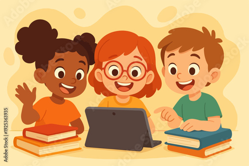 Cute cartoon style flat vector illustration of happy children learning online with tablet and books