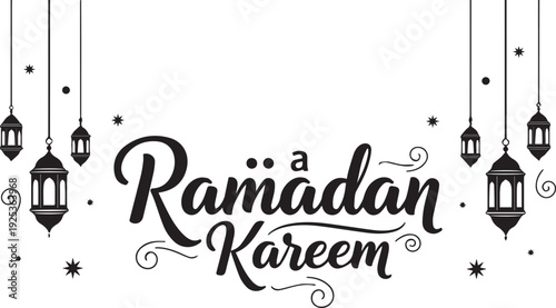 Ramadan Kareem festive greeting card with hanging lanterns and stars on white background