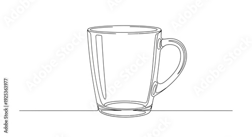 Minimalist single line drawing of a clear glass mug on a white background