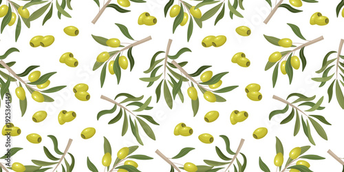 Seamless Olive Branch Pattern with Green Olives on Light Background