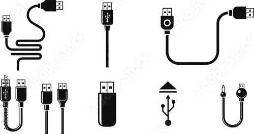 Black silhouette vector set of USB cable connectors, data transfer plug icons, universal serial bus charging wire, and flash drive symbols,