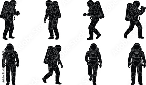 Black and white astronaut silhouette vector set, space explorer character icons in various walking and standing poses, isolated galactic design.